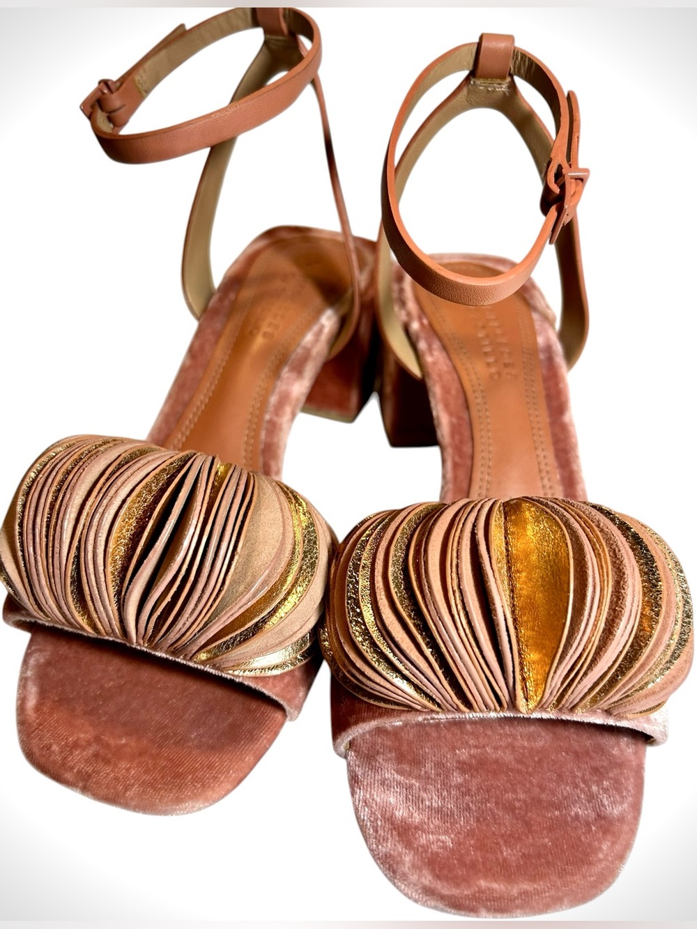 Mercedes Castillo Riza Petal Velvet Block Heel Sandals Blush Pink Gold Size 5.5